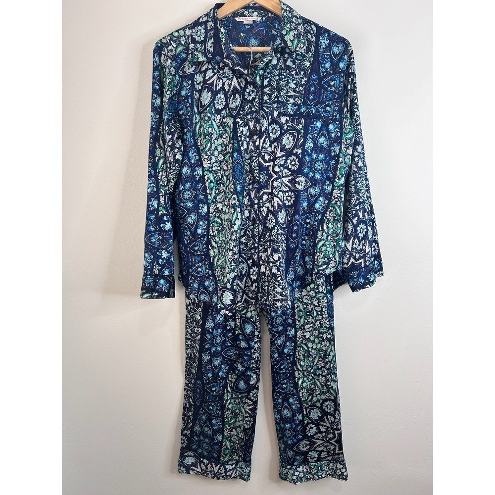 Victoria Secret Pajama Set Womens Blue Green Floral Paisley Button Top Pants S/P